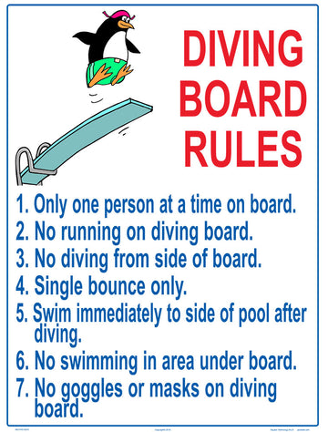 Diving Board Rules With Penguin Sign - 18 x 24 Inches on Styrene Plastic