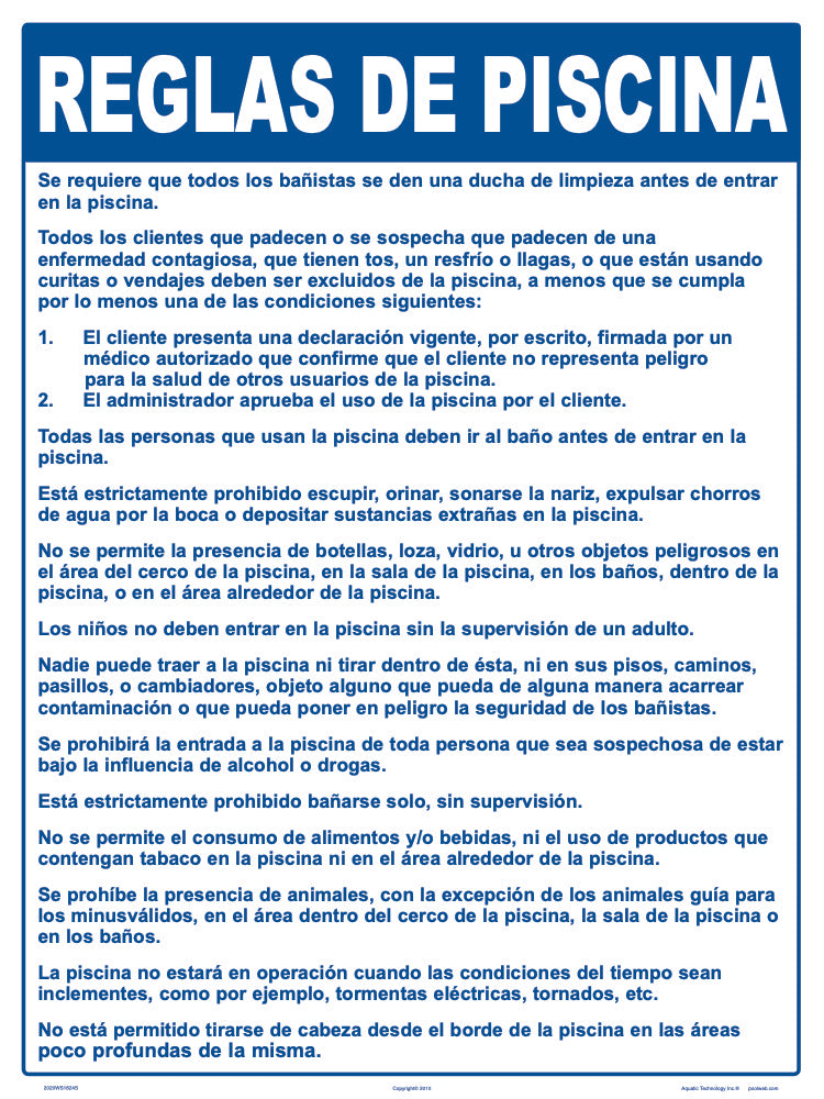 California Pool Rules Sign in Spanish - 18 x 24 Inches on Heavy-Duty Aluminum
