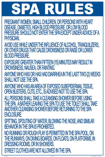Indiana Spa Rules Sign - 24 x 36 Inches on Heavy-Duty Aluminum
