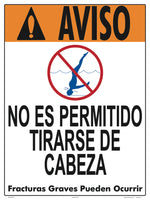 No Diving Allowed Warning Sign (4 Inch Lettering) in Spanish - 18 x 24 Inches on Styrene Plastic