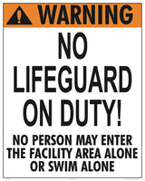 Kentucky No Lifeguard Warning Sign (No Entry) - 24 x 30 Inches on Styrene Plastic
