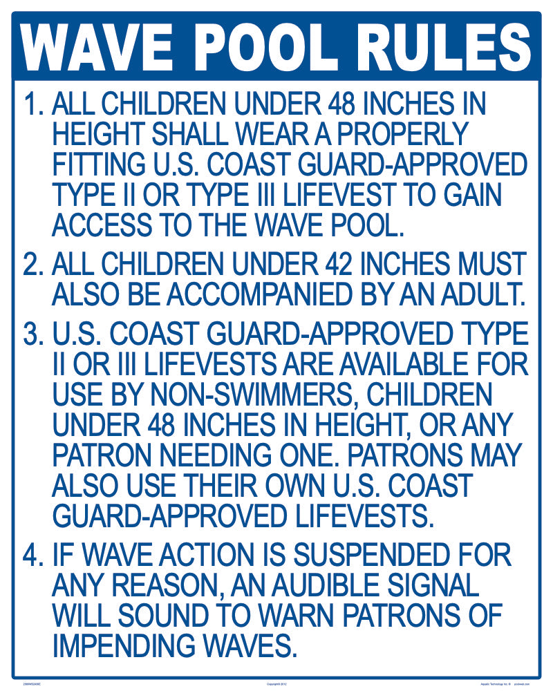 California Wave Pool Rules Sign - 24 x 30 Inches on Styrene Plastic