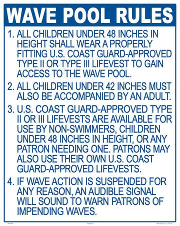 California Wave Pool Rules Sign - 24 x 30 Inches on Styrene Plastic