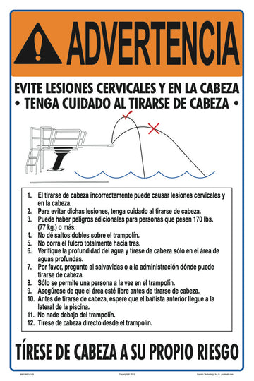 Dive at Your Own Risk Instruction Warning Sign in Spanish - 12 x 18 Inches on Heavy-Duty Aluminum