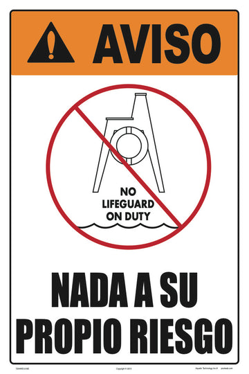 Swim At Your Own Risk Warning Sign in Spanish (No Lifeguard Graphic) - 12 x 18 Inches on Heavy-Duty Aluminum