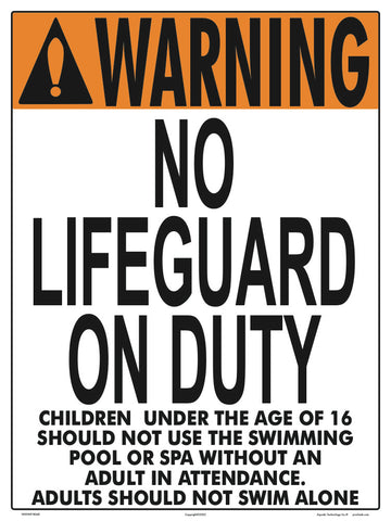 Massachusetts/New York No Lifeguard Warning Sign (16 Years and Under) - 18 x 24 Inches on Styrene Plastic