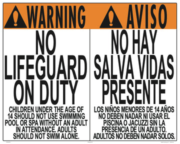 Virginia/West Virginia No Lifeguard Warning Sign in English/Spanish (Age 14) - 30 x 24 Inches on Heavy-Duty Aluminum