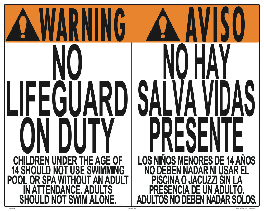 Virginia/West Virginia No Lifeguard Warning Sign in English/Spanish (Age 14) - 30 x 24 Inches on Styrene Plastic