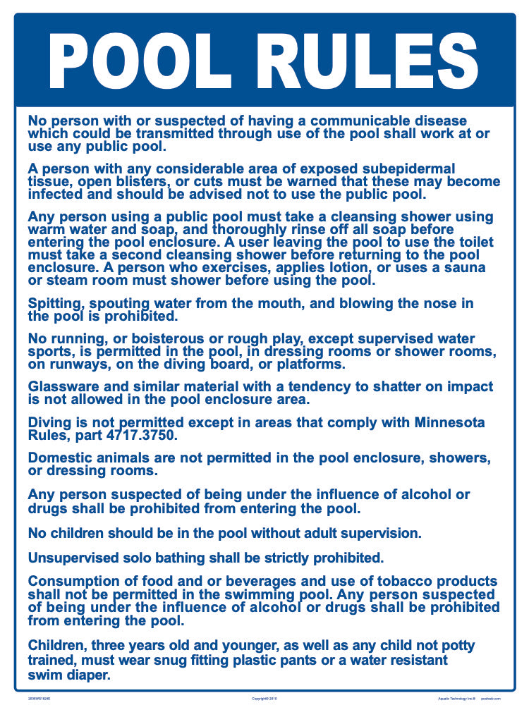 Minnesota Pool Rules Sign - 18 x 24 Inches on Heavy-Duty Aluminum