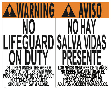 Iowa/Washington No Lifeguard Warning Sign in English/Spanish (Age 12) - 30 x 24 Inches on Styrene Plastic