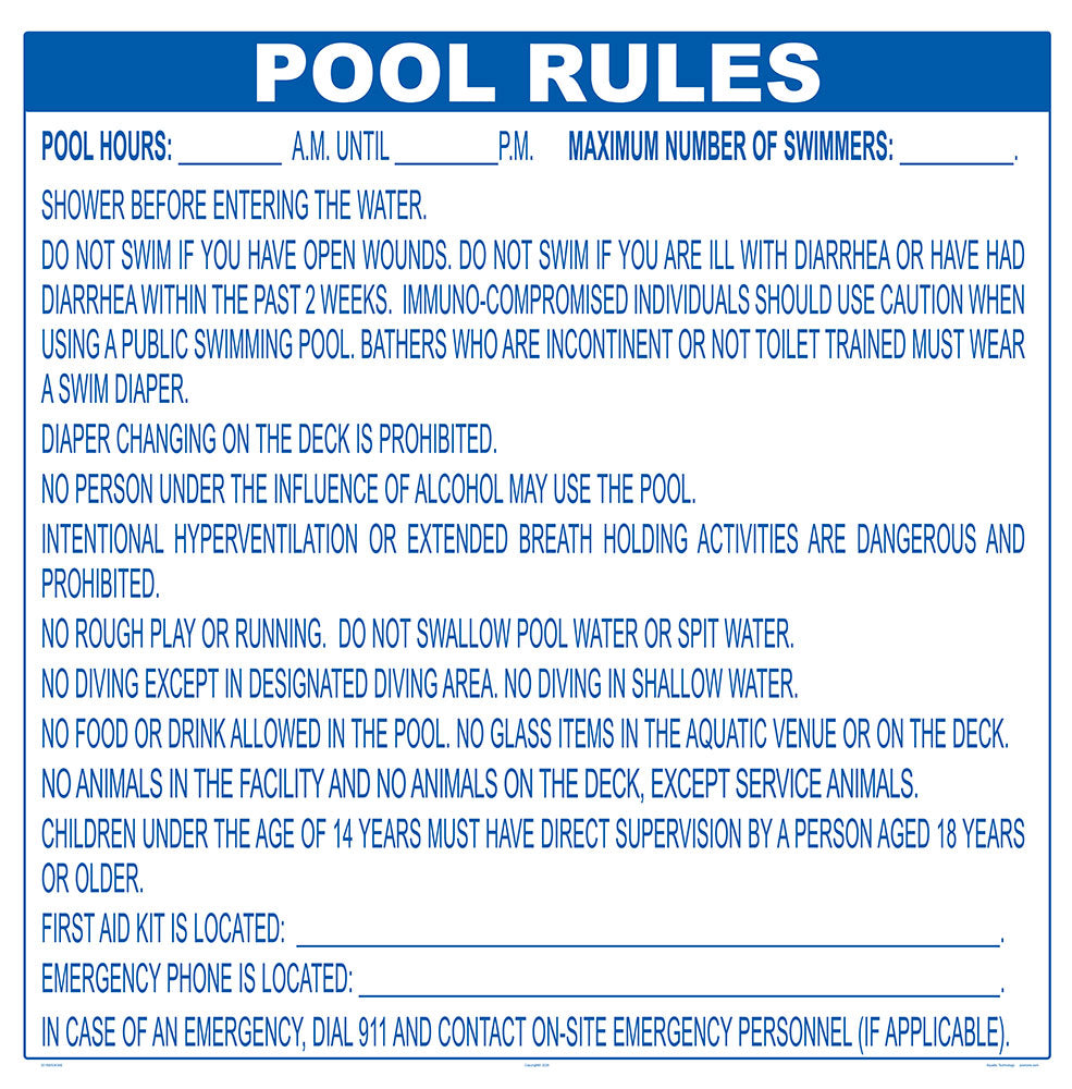 Oregon Pool Rules Sign - 36 x 36 Inches on Heavy-Duty Aluminum (Customize or Leave Blank)