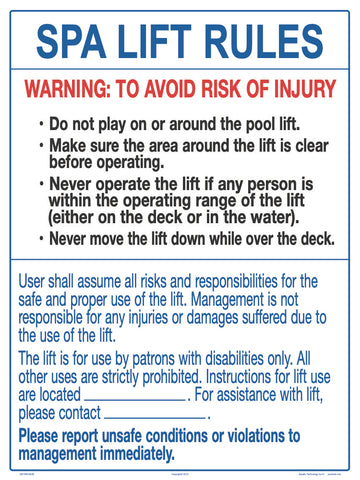 Rules for Spa Lift Sign - 18 x 24 Inches on Heavy Duty Aluminum (Customize or Leave Blank)