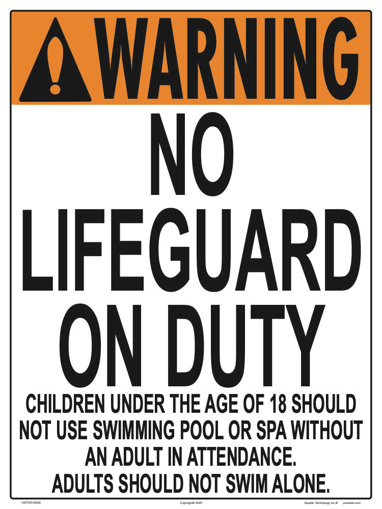 No Lifeguard Warning Sign (18 Years and Under) - 18 x 24 Inches on Styrene Plastic