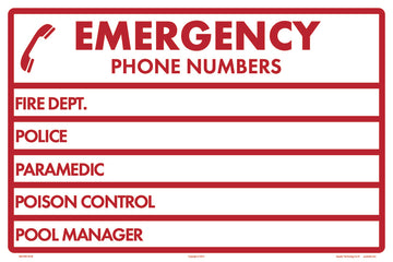 Emergency Phone Numbers Sign - 18 x 12 Inches on Styrene Plastic