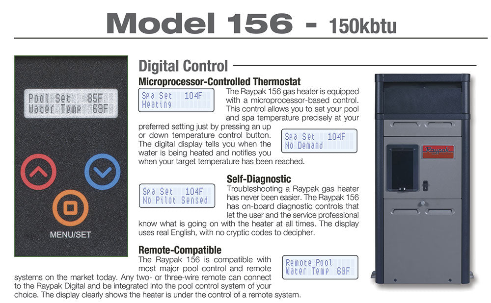 R156A Aboveground Pool/Spa Heater Digital Control - 150,000 BTUs - Propane Gas - 0-4999 Feet