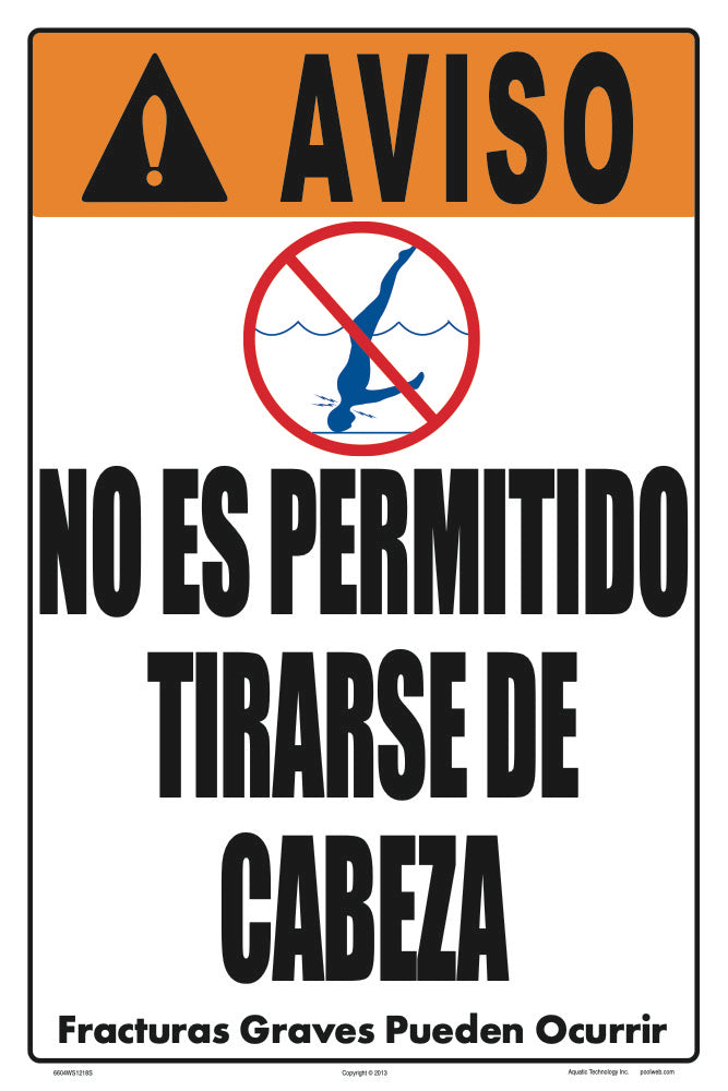 No Diving Allowed Warning Sign (4 Inch Lettering) in Spanish - 12 x 18 Inches on Styrene Plastic
