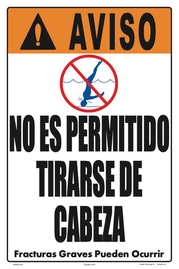 No Diving Allowed Warning Sign (4 Inch Lettering) in Spanish - 12 x 18 Inches on Styrene Plastic