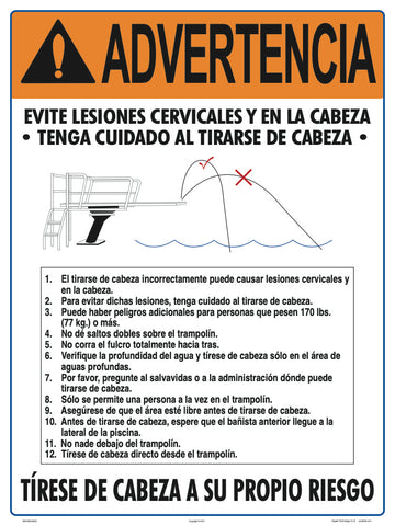 Dive at Your Own Risk Instructional Warning Sign in Spanish - 18 x 24 Inches on Heavy-Duty Aluminum