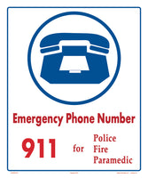 Emergency Phone Number 911 Sign - 10 x 12 Inches on Styrene Plastic