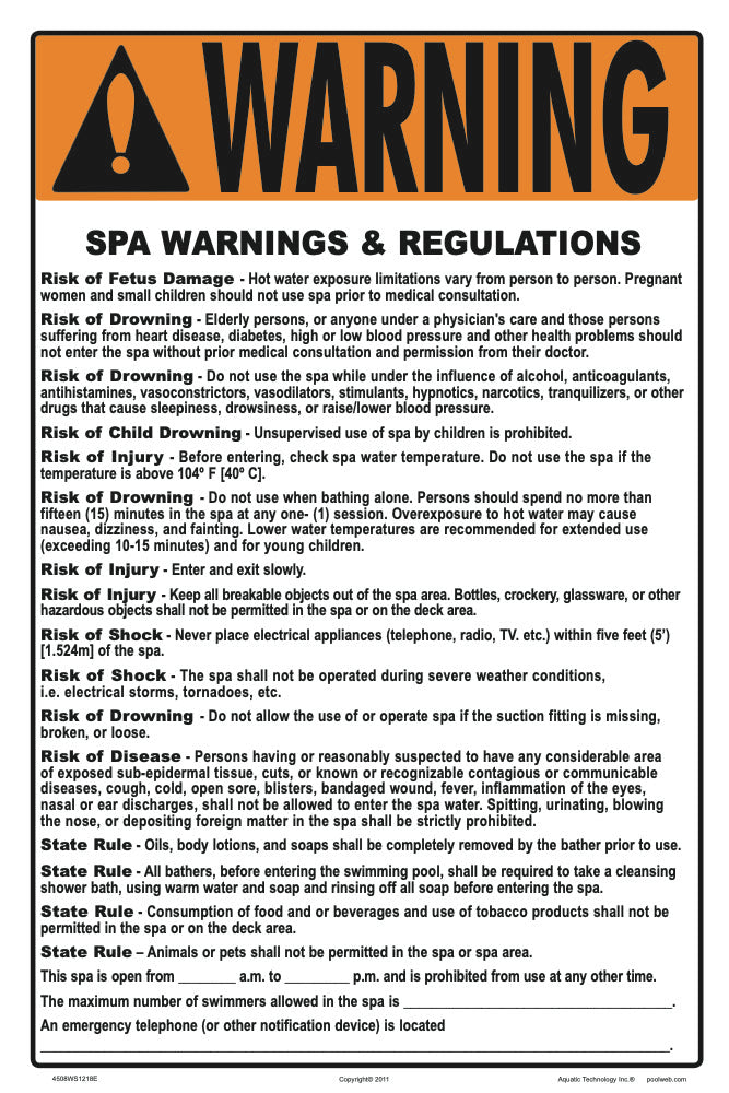 Colorado Spa Warnings and Regulations Sign - 12 x 18 Inches on Heavy-Duty Aluminum (Customize or Leave Blank)
