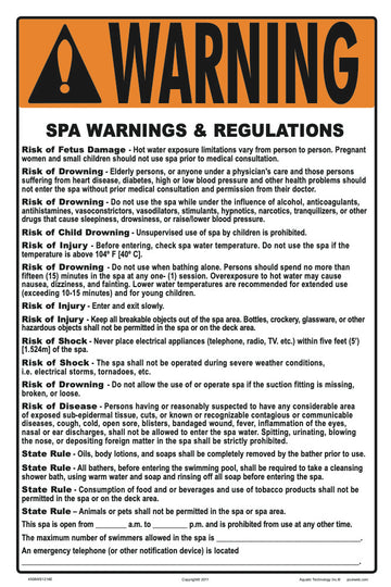 Colorado Spa Warnings and Regulations Sign - 12 x 18 Inches on Heavy-Duty Aluminum (Customize or Leave Blank)