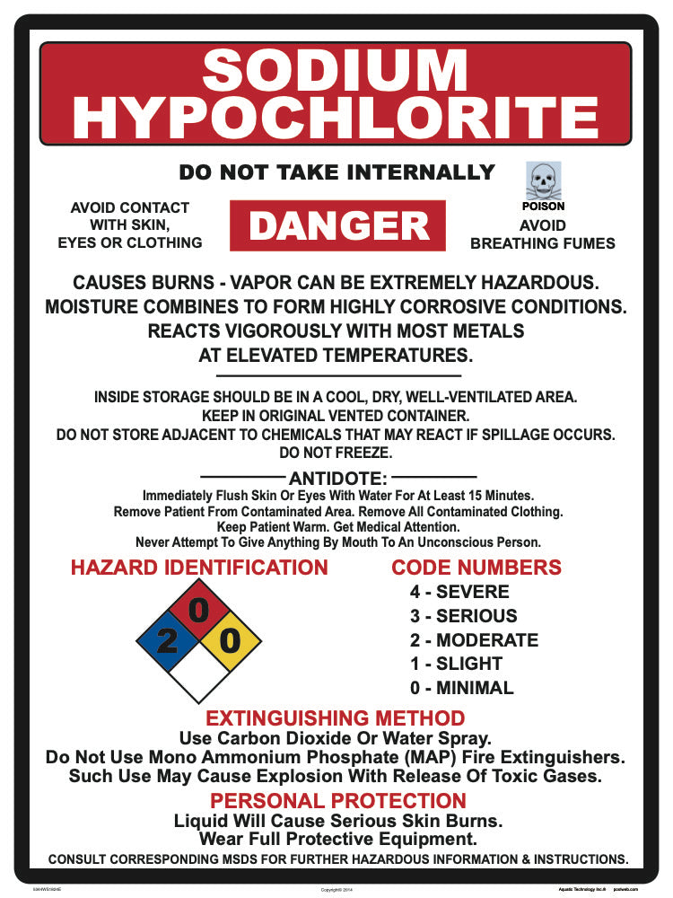 Sodium Hypochlorite Danger Instruction Sign - 18 x 24 Inches on Styrene Plastic
