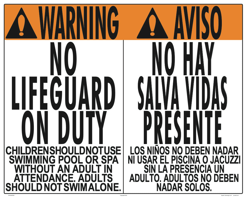 No Lifeguard Warning Sign in English/Spanish (No Age) - 30 x 24 Inches on Heavy-Duty Aluminum