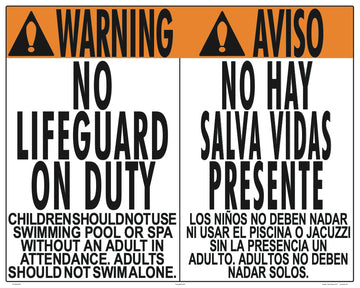 No Lifeguard Warning Sign in English/Spanish (No Age) - 30 x 24 Inches on Heavy-Duty Aluminum