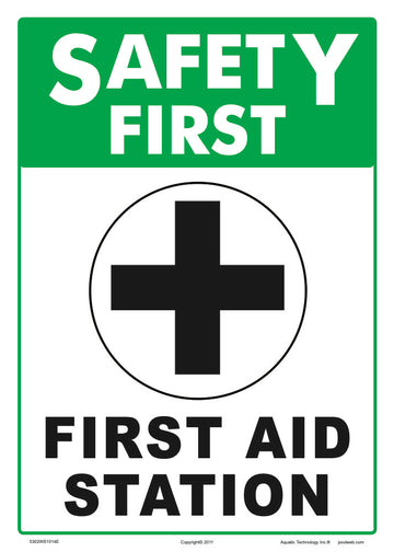 Safety First First Aid Station Sign - 10 x 14 Inches on White Vinyl Stick-on