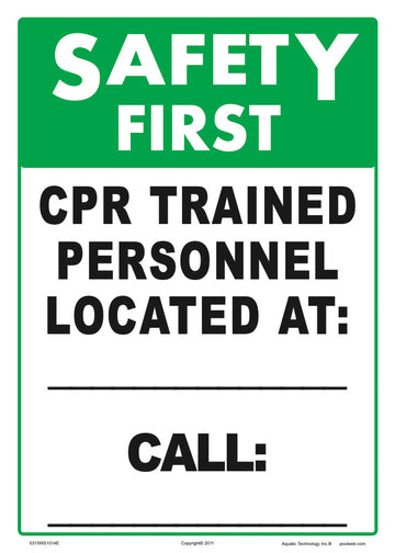 Safety First CPR Personnel Sign - 10 x 14 Inches on Styrene Plastic (Customize or Leave Blank)
