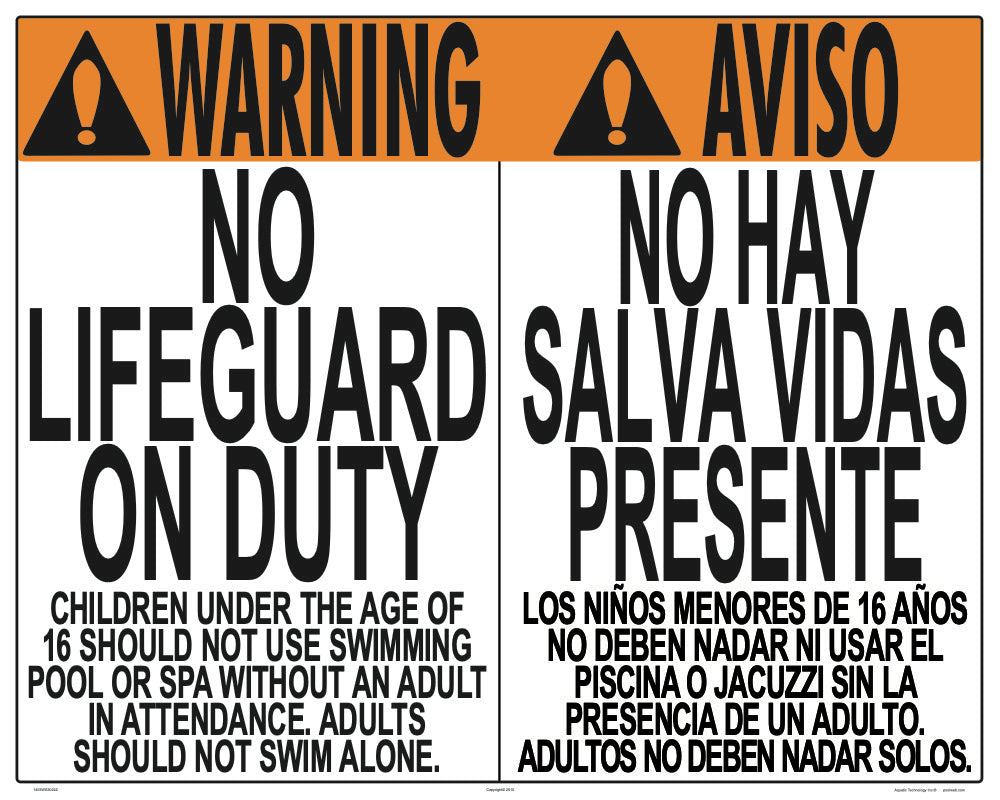No Lifeguard Warning Sign in English/Spanish (Age 16) - 30 x 24 Inches on Heavy-Duty Aluminum