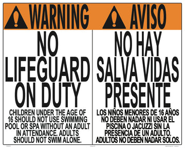 No Lifeguard Warning Sign in English/Spanish (Age 16) - 30 x 24 Inches on Heavy-Duty Aluminum