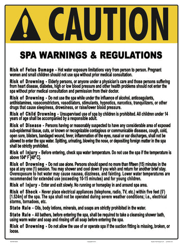 Arkansas Spa Warnings and Regulations Sign - 18 x 24 Inches on Styrene Plastic