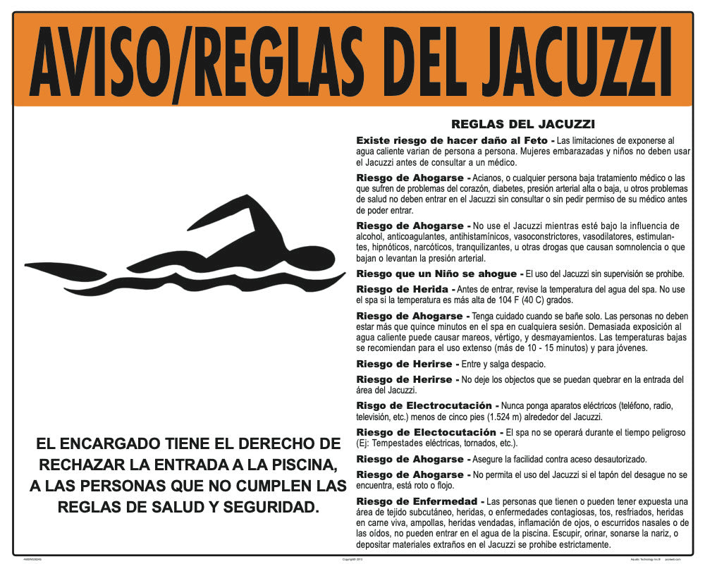 Spa Warnings and Regulations Sign With Graphic in Spanish - 30 x 24 Inches on Heavy-Duty Aluminum