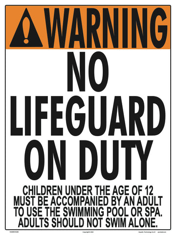 Iowa/Washington No Lifeguard Warning Sign (12 Years and Under) - 18 x 24 Inches on Styrene Plastic