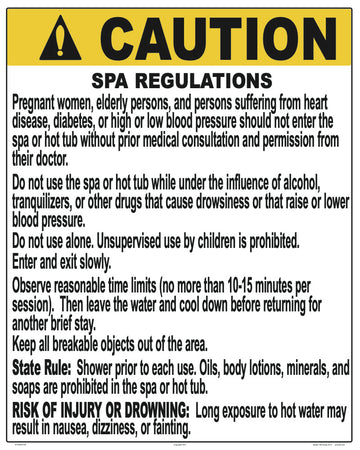 North Carolina Spa Regulations Caution Sign - 24 x 30 Inches on Styrene Plastic