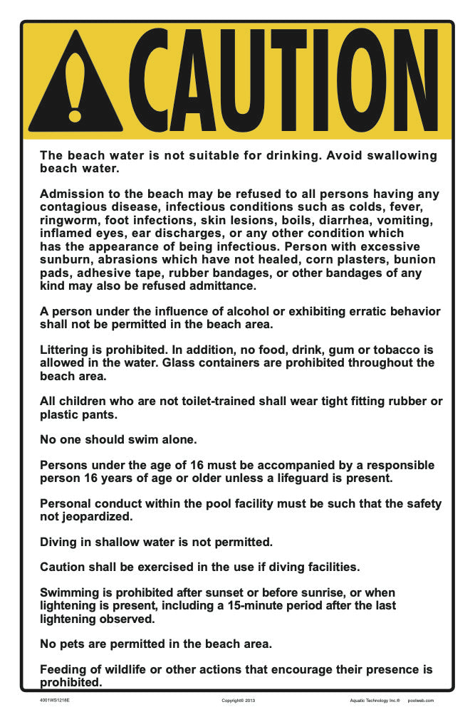 Beach Rules Caution Sign - 12 x 18 Inches on Styrene Plastic