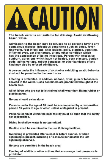 Beach Rules Caution Sign - 12 x 18 Inches on Styrene Plastic