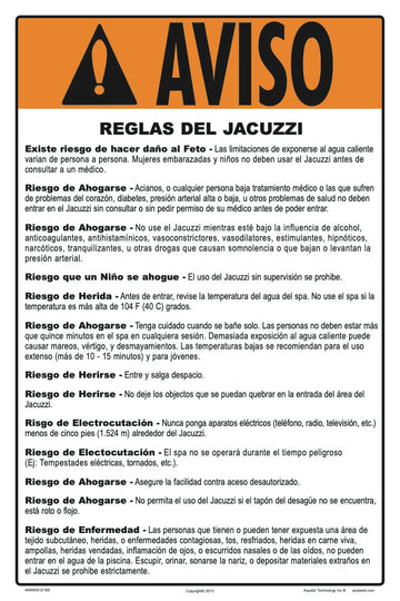 Spa Warnings and Regulations Sign in Spanish - 12 x 18 Inches on Heavy-Duty Aluminum