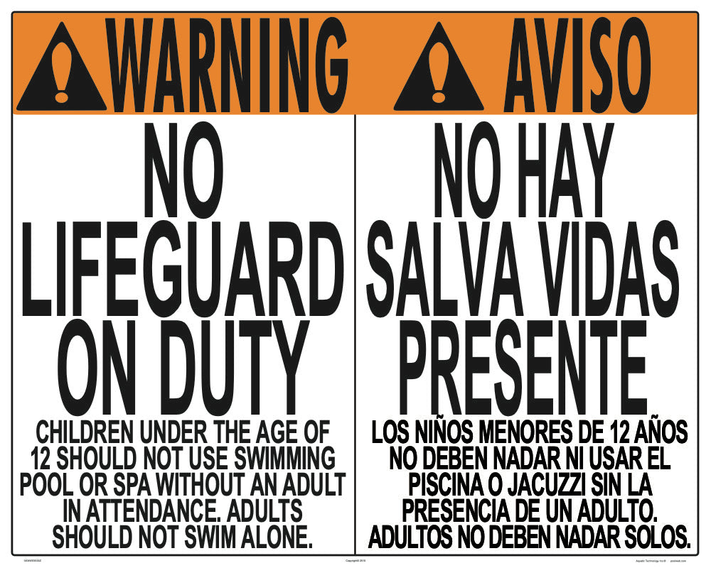 Iowa/Washington No Lifeguard Warning Sign in English/Spanish (Age 12) - 30 x 24 Inches on Heavy-Duty Aluminum