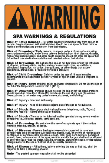 Illinois Spa Warnings and Regulations Sign - 12 x 18 Inches on Styrene Plastic