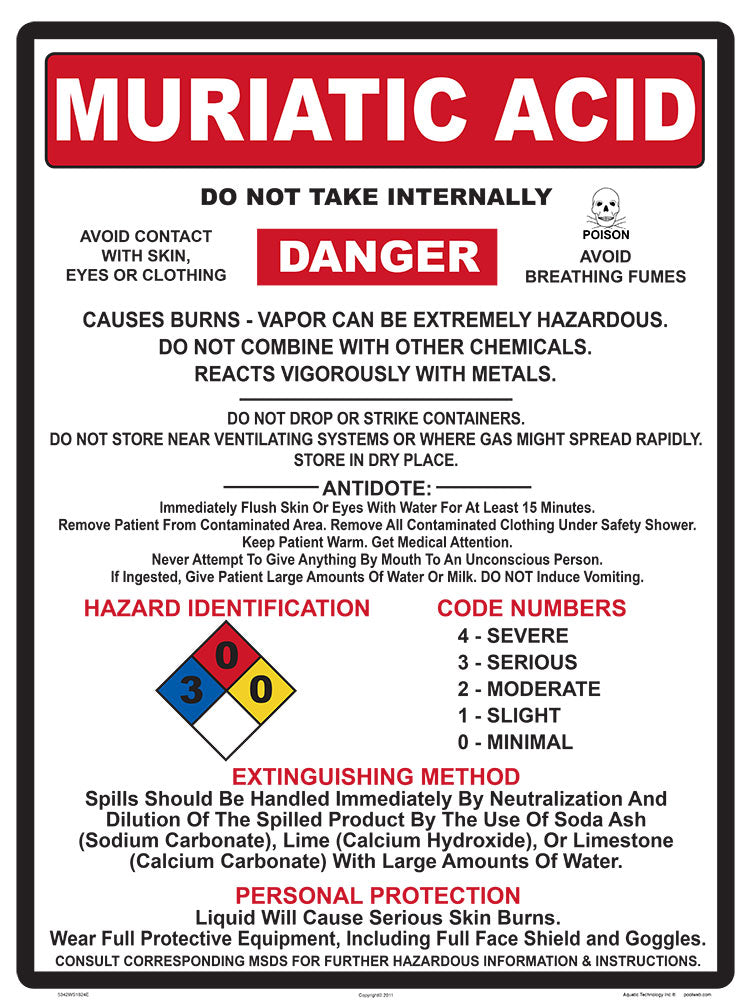 Muriatic Acid Danger Instruction Sign - 18 x 24 Inches on Heavy-Duty Aluminum