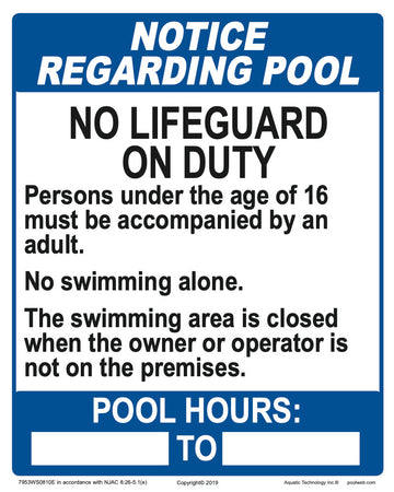 New Jersey Notice Regarding Pool - No Lifeguard on Duty With Hours Statement Sign - 8 x 10 Inches on Heavy-Duty Aluminum (Customize or Leave Blank)