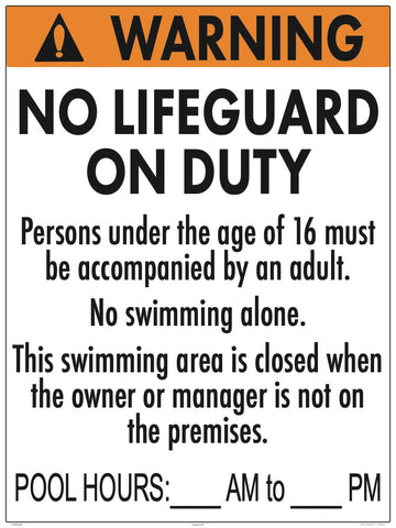 New Jersey No Lifeguard Warning Sign With Pool Hours - 36 x 48 Inches on White Aluminum (Customize or Leave Blank)