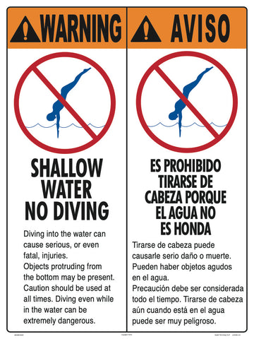 Shallow Water No Diving Warning Sign in English/Spanish - 18 x 24 Inches on Heavy-Duty Aluminum