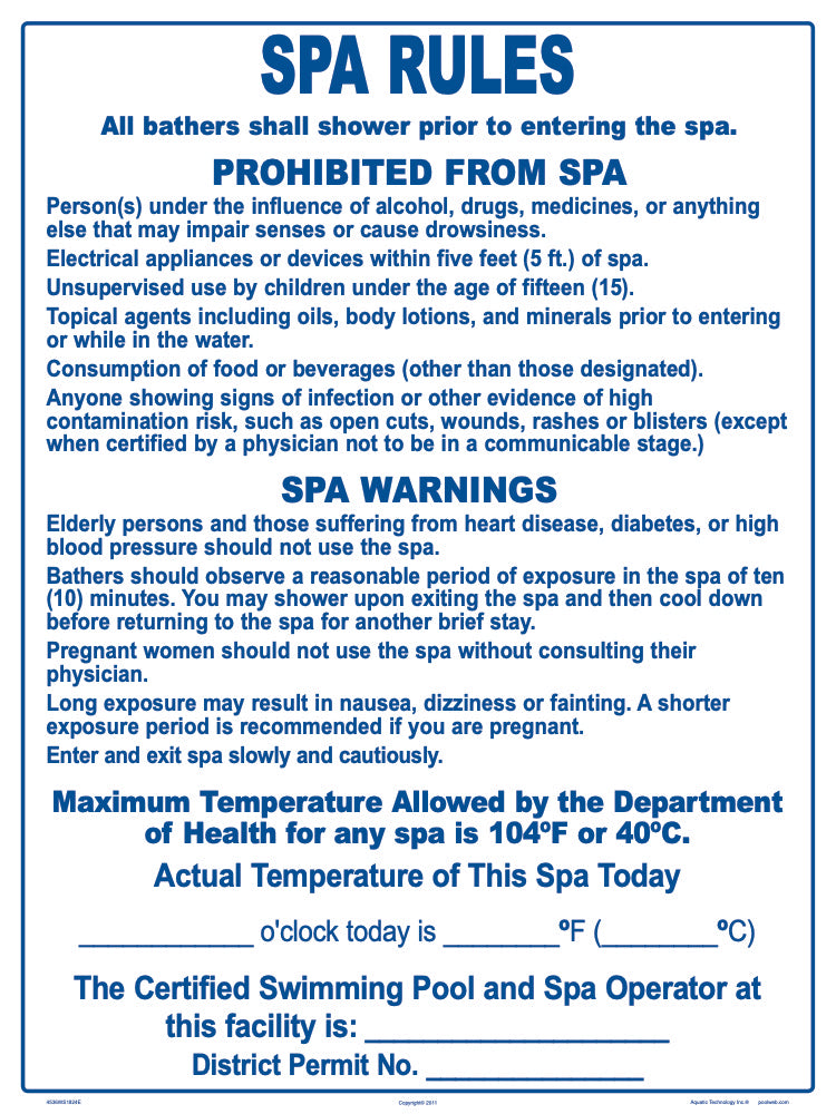 District of Columbia Spa Rules and Warnings Sign - 18 x 24 Inches on Styrene Plastic (Customize or Leave Blank)