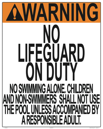 Missouri/South Dakota No Lifeguard Warning Sign (No Age Limit) - 24 x 30 Inches on Styrene Plastic