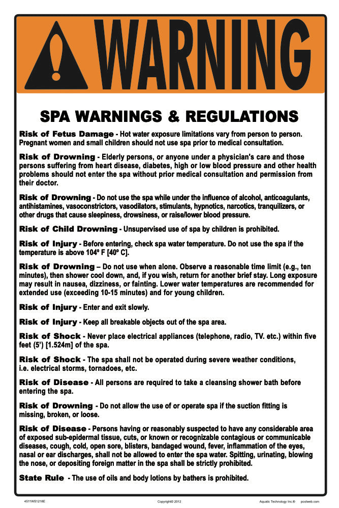 Massachusetts Spa Warnings and Regulations Sign - 12 x 18 Inches on Styrene Plastic