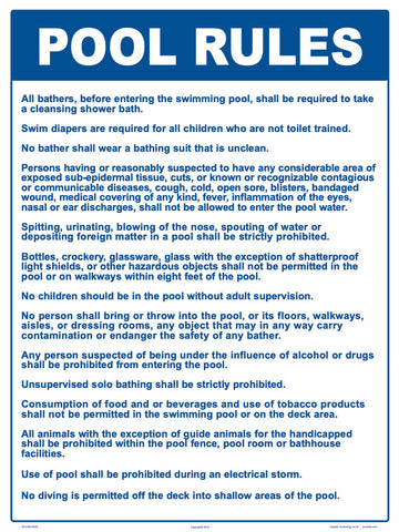 Massachusetts and West Virginia Pool Rules Sign - 18 x 24 Inches on Styrene Plastic