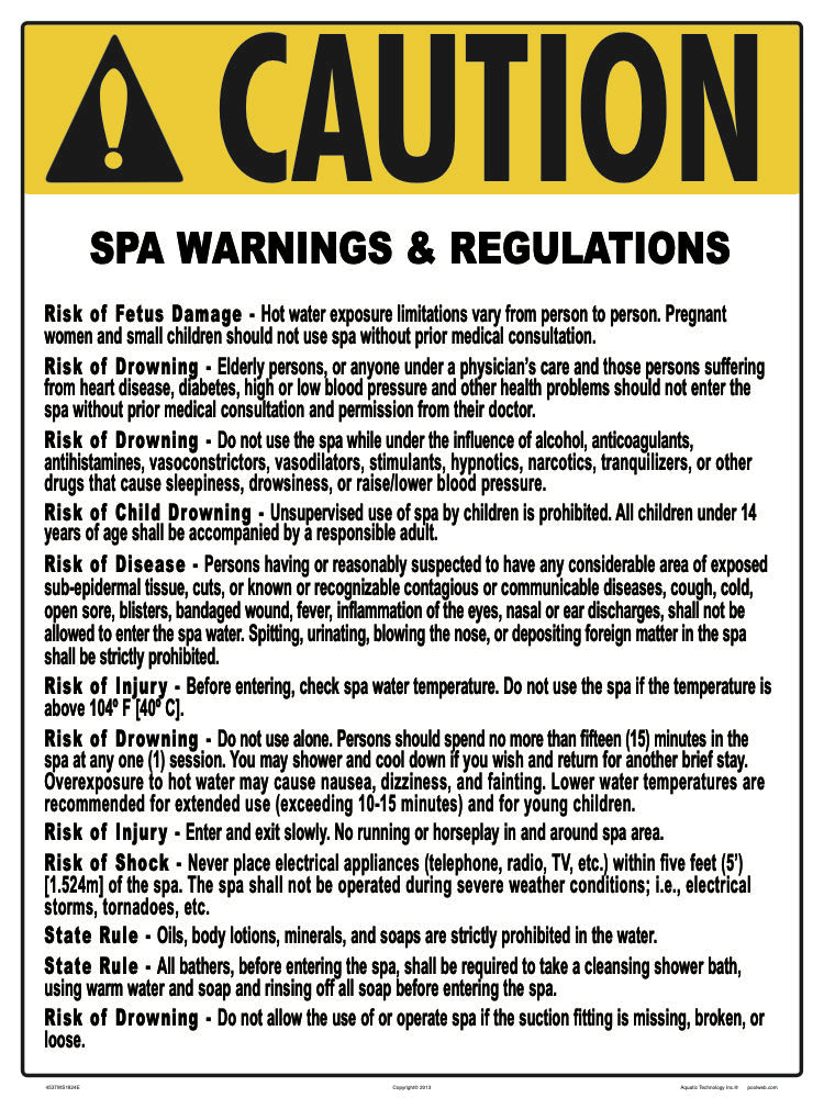 Arkansas Spa Warnings and Regulations Sign - 18 x 24 Inches on Heavy-Duty Aluminum